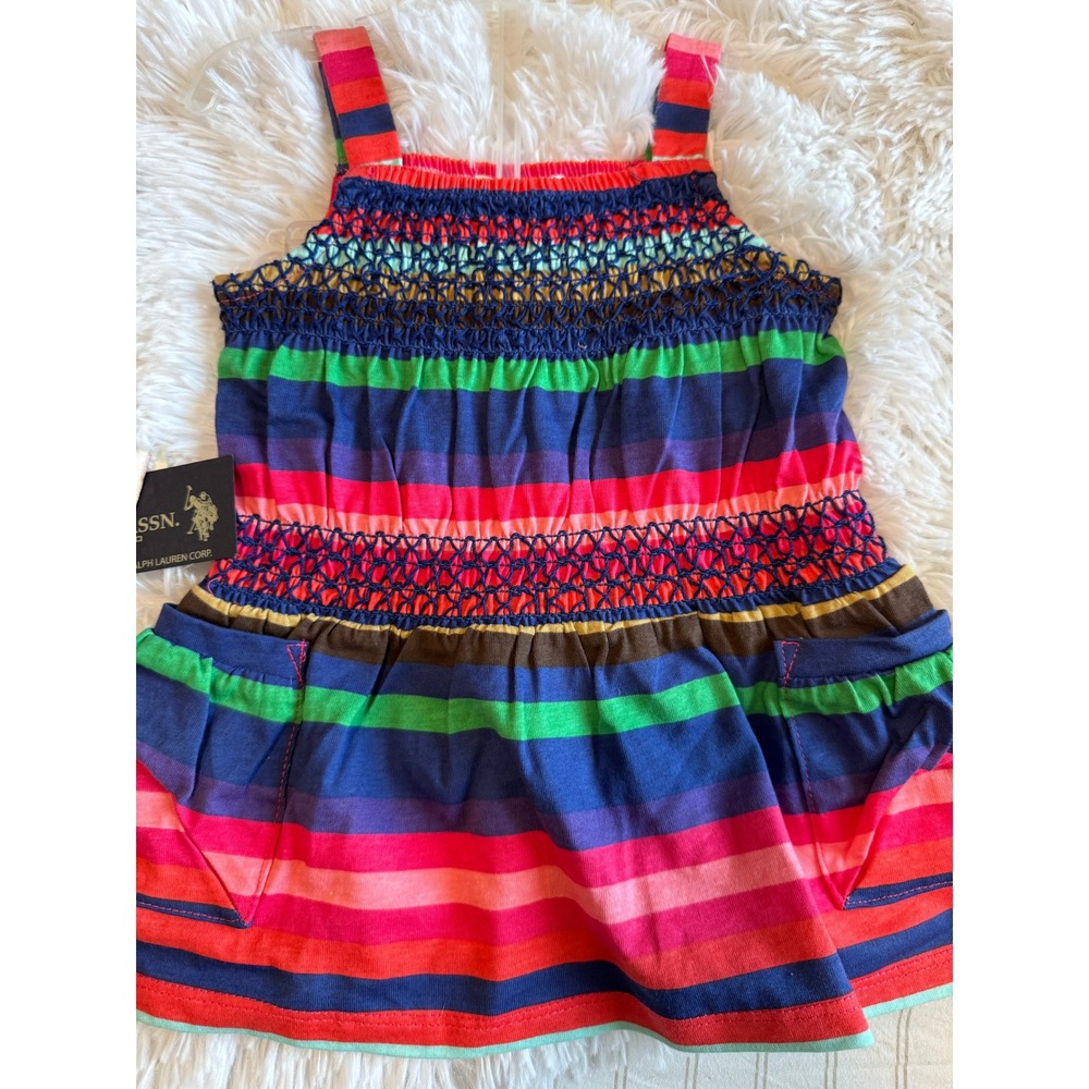 US Polo Assn Toddler Girls Dress Lot 2pc Denim Ruffle Rainbow Striped 3-6M